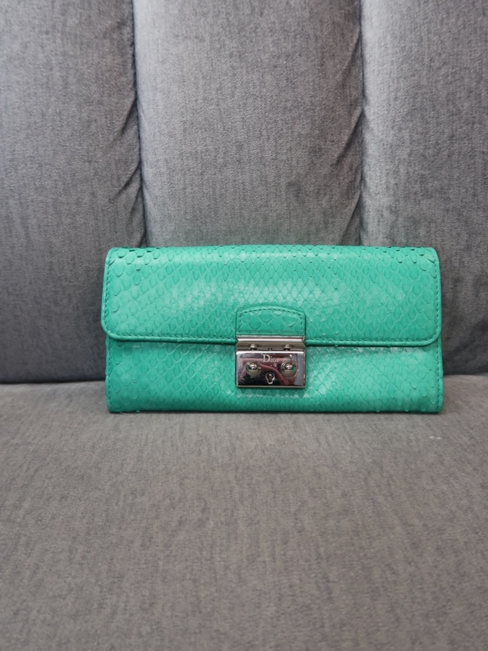 Dior Teal Green Textured Clutch with Silver Lock